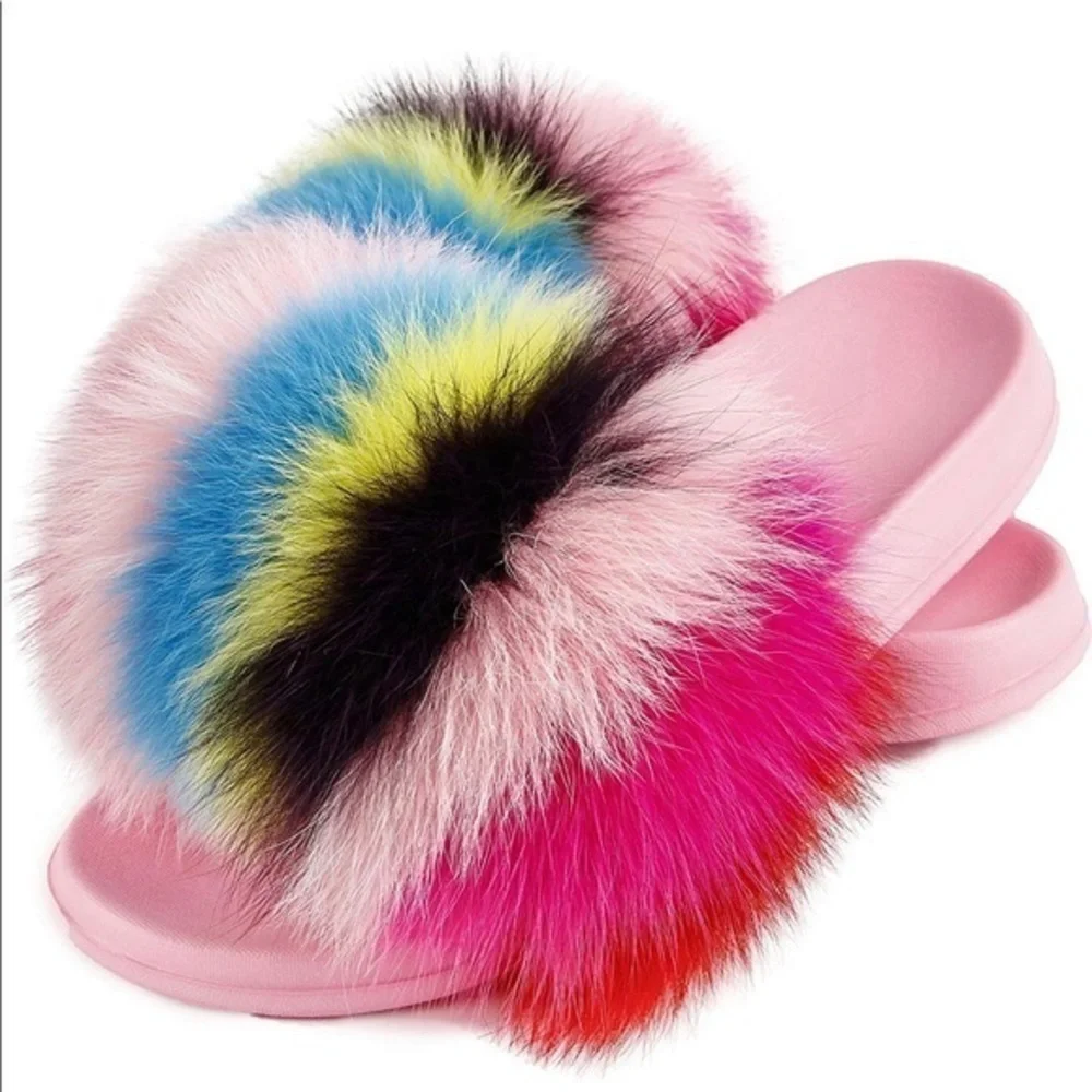 NEW Women's Fur Slides Slippers Pink Rainbow 9-9.5